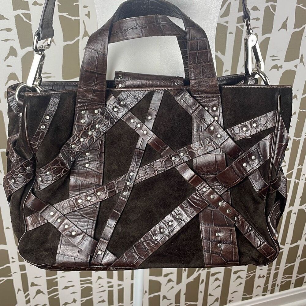 Donald Pliner Suede Crocodile Embossed Leather Studded Bag Chocolate Brown